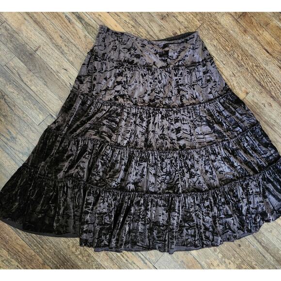 Vintage 80s Women Sz 12 Brown Crushed Velvet Tiered Layered Midi SKIRT - Picture 3 of 7